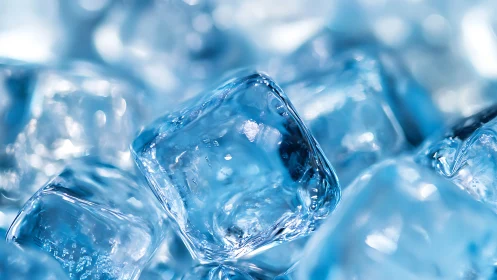 Macro-closeup of translucent melting ice cubes with bokeh highlights