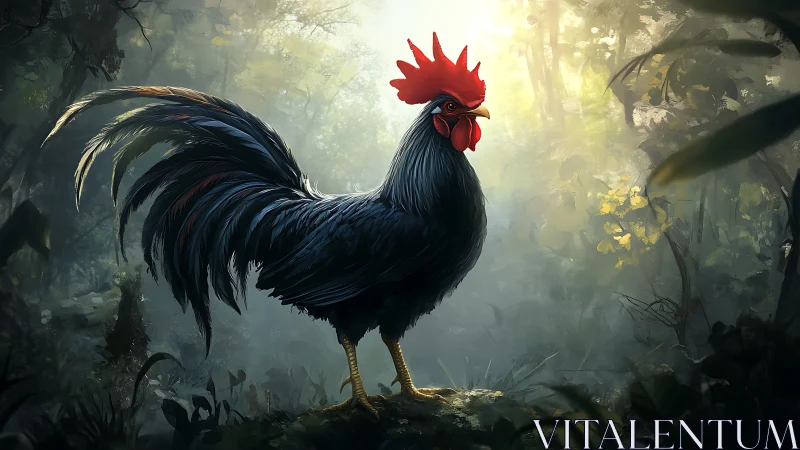 Black Rooster in Misty Forest: Digital Rendering of Avian Subject in Atmospheric Woodland