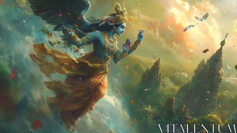 Celestial blue deity soars above misty temples at sunrise