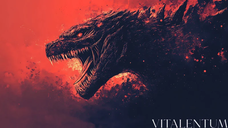 Roaring dragon silhouette erupts in bold red and shadowed flame