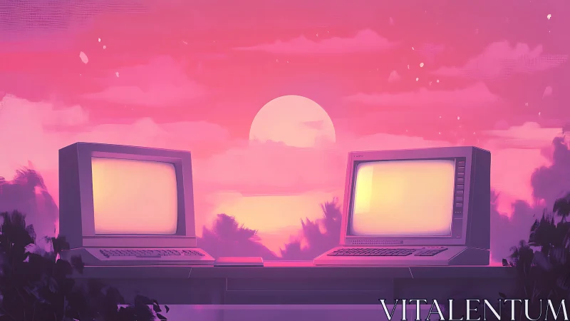 Two retro computer terminals face a stylized sunset sky