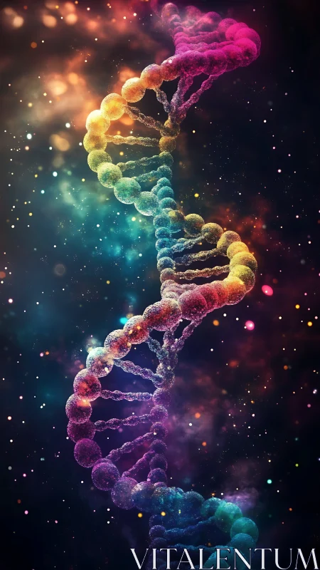 Luminous DNA double helix coils through vibrant cosmic void