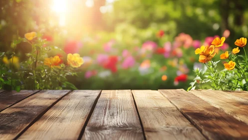 Wooden garden table in bright sunlight with summer flowers.
