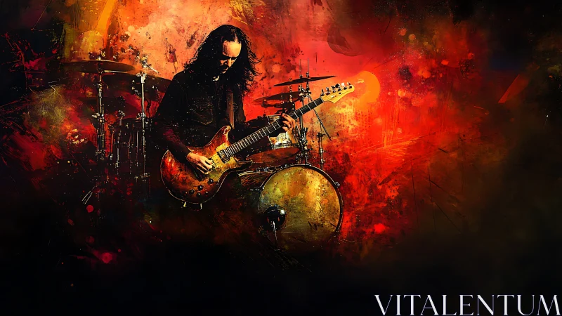 Digital painting of guitarist on stage in fiery abstract haze.