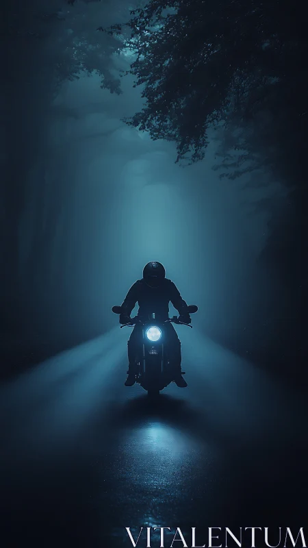 Motorcyclist rides through dark foggy forest road at night