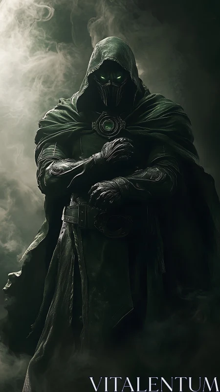 Mysterious cloaked sorcerer wrapped in swirling emerald mist.