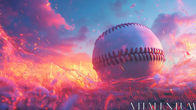 Luminous baseball ignites vivid neon twilight stadium field.