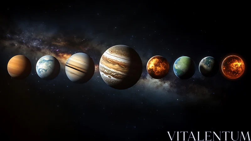 Row of stylized planets aligns against glowing galactic core