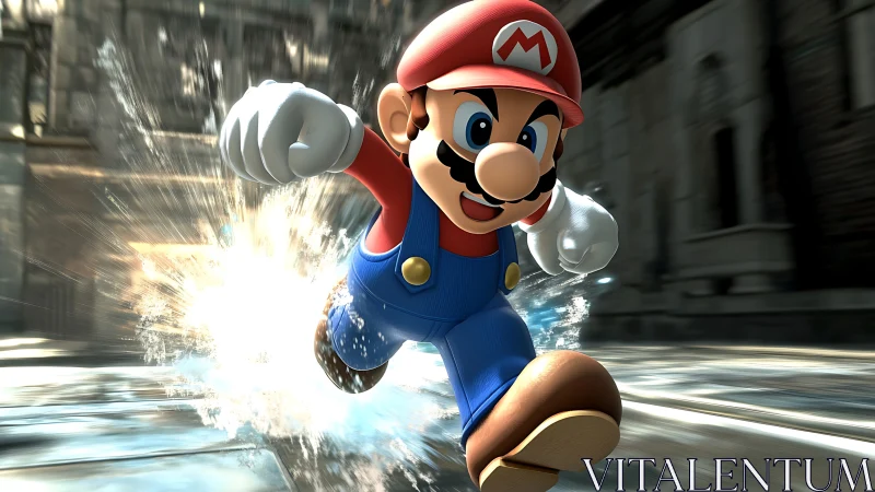 Joyful mustached hero dashes through a splash of adventure.