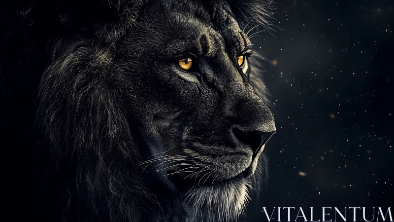 Side profile of dark-maned lion with illuminated eyes.