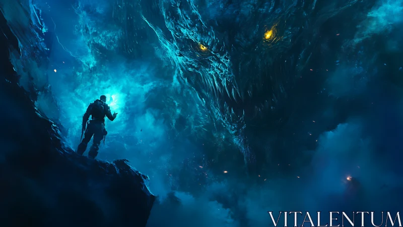 Brave explorer meets a glowing cosmic dragon in blue mist.