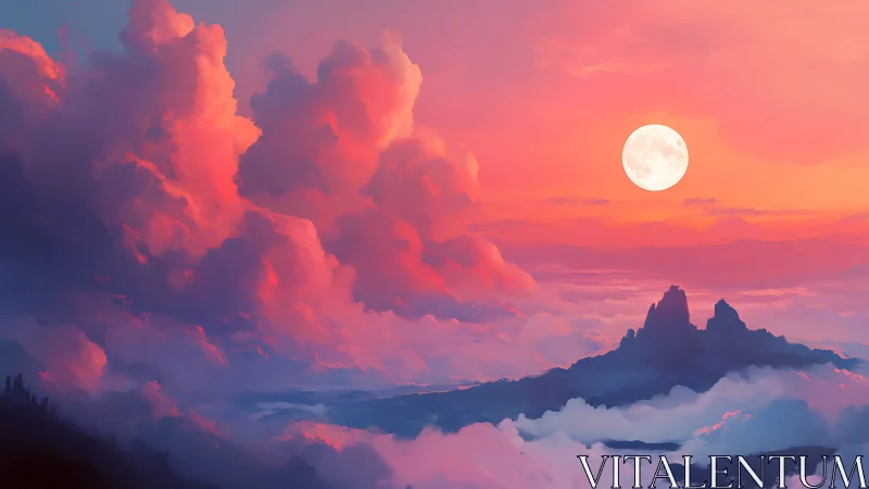 Digital painting of lunar-lit cloudscape with distant peaks.