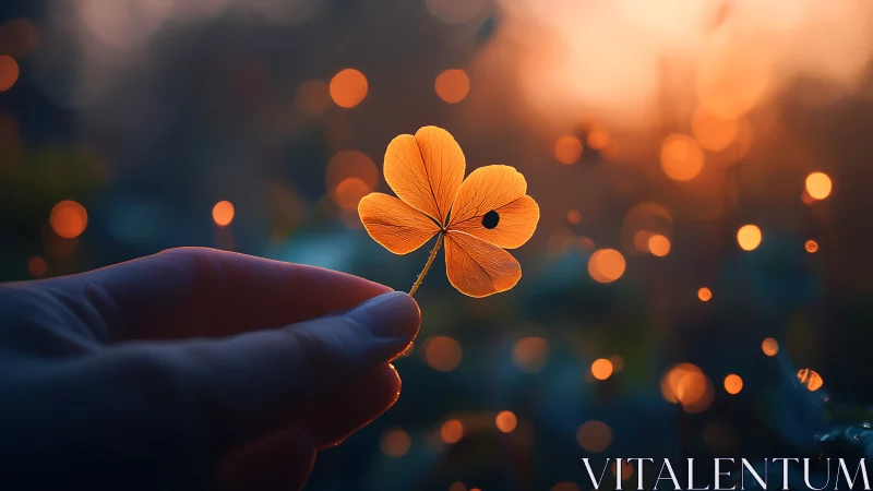 Hand holding four-petal leaf against blurred sunset bokeh.