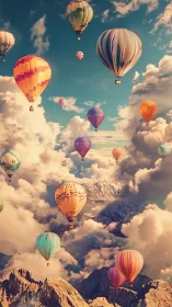 Multicolored hot air balloons above layered mountain clouds.