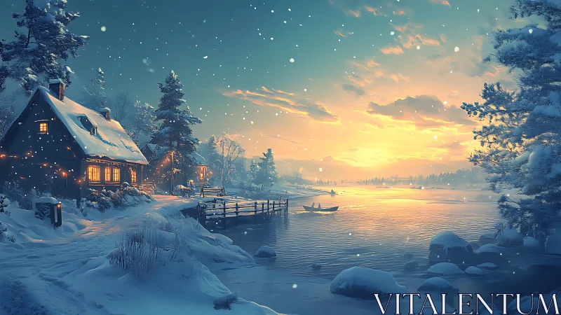 Snowy lakeside cabin glows softly in a golden winter sunset