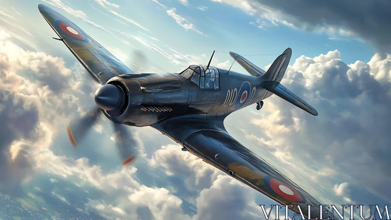 Single propeller fighter aircraft above layered cloud field.