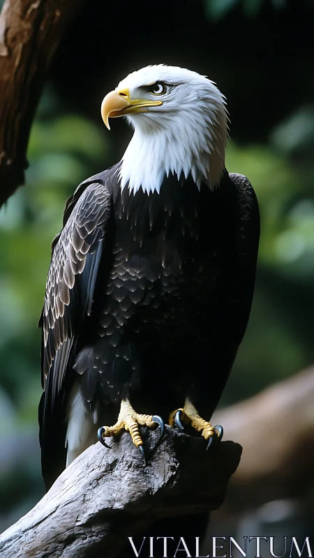Bald eagle portrait on branch in high-contrast natural light