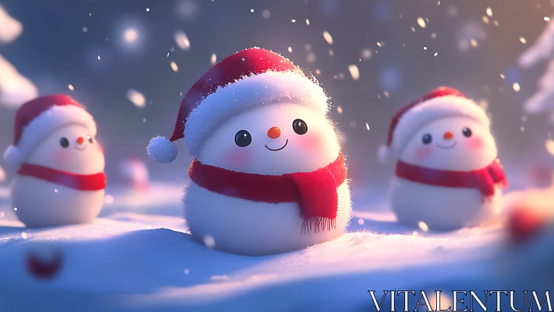 Three stylized snow figures wear red hats and scarves outdoors