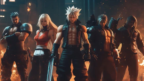 Cinematic 3D hero lineup in fiery industrial battleground.