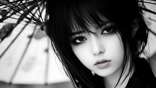 Monochrome anime portrait under parasol with high contrast lighting.