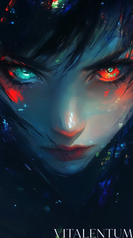 Cybernetic gaze with dual colored eyes pierces dark void