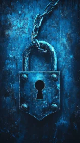 Blue metallic padlock with chain on textured surface.
