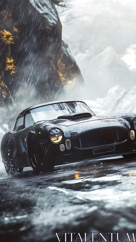 Classic black sports car embracing a wild rainy mountain road.