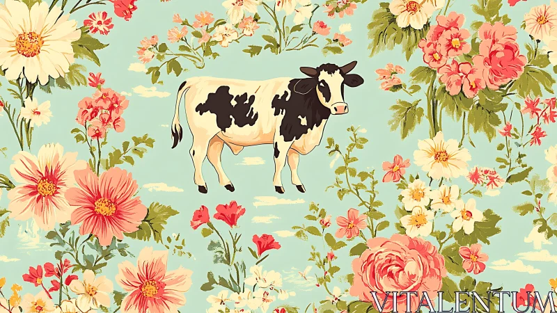 Whimsical dairy cow stands amid vintage floral daydream
