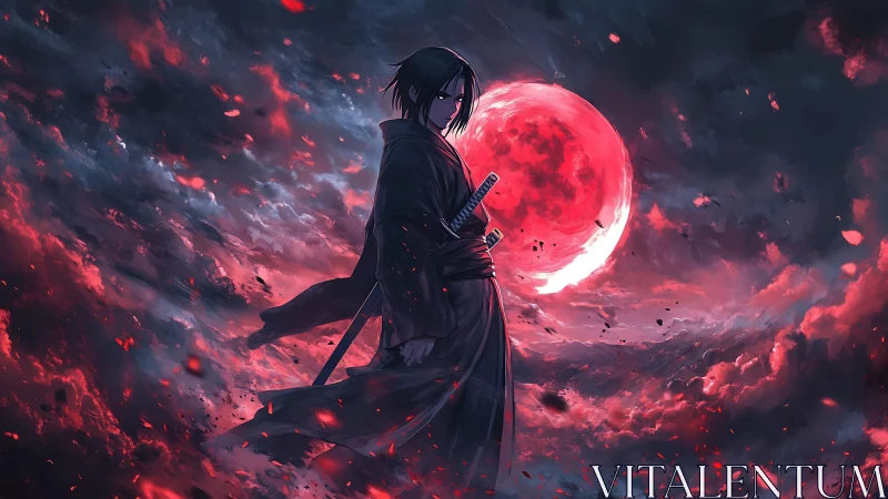 Solitary anime swordsman silhouetted against a red lunar eclipse sky