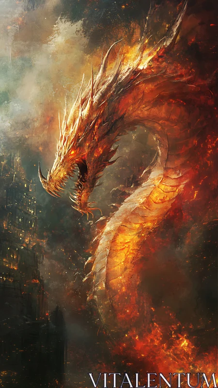Fire dragon coils through burning sky above ruined city.