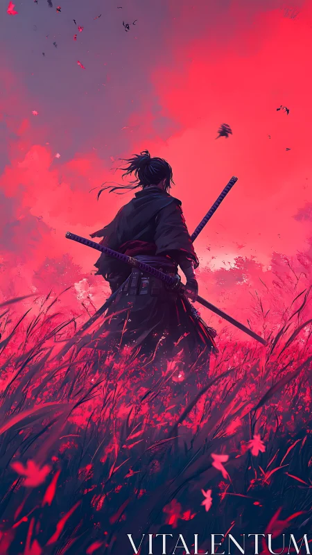 Samurai silhouette in neon crimson field, dynamic digital painting.