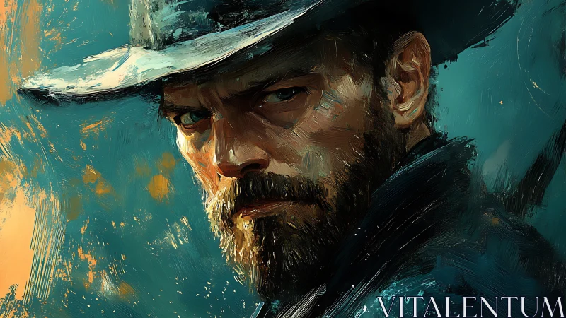 Stoic cowboy portrait in textured digital brushwork.