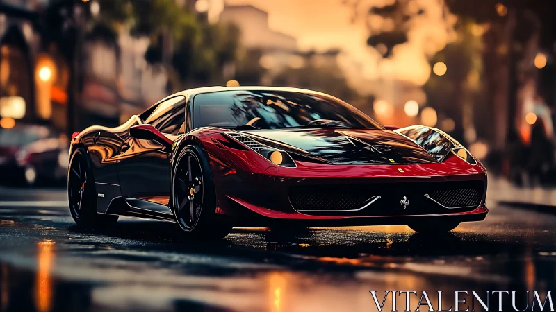 Red sports car on wet city street at dusk, low angle view.