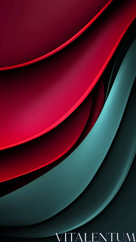 Layered red and teal curved bands in abstract composition.