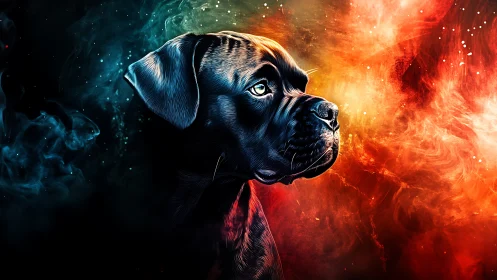 Cosmic-lit boxer dog portrait renders nebular color contrast