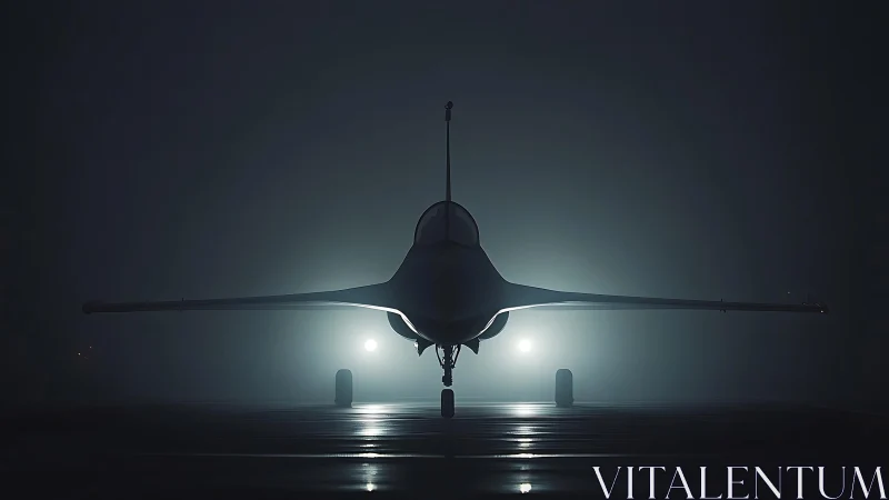 Night runway jet waits calmly in the glow of hazy lights