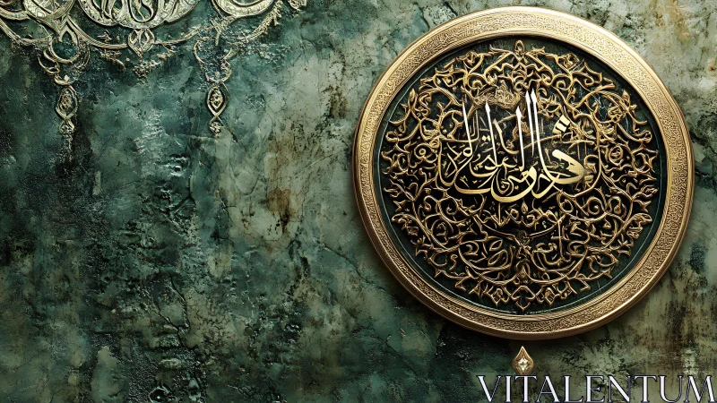 Ornate Islamic Calligraphy Medallion on Textured Green Background.