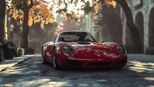 Low-angle autumn streetscape with red classic sports coupe.
