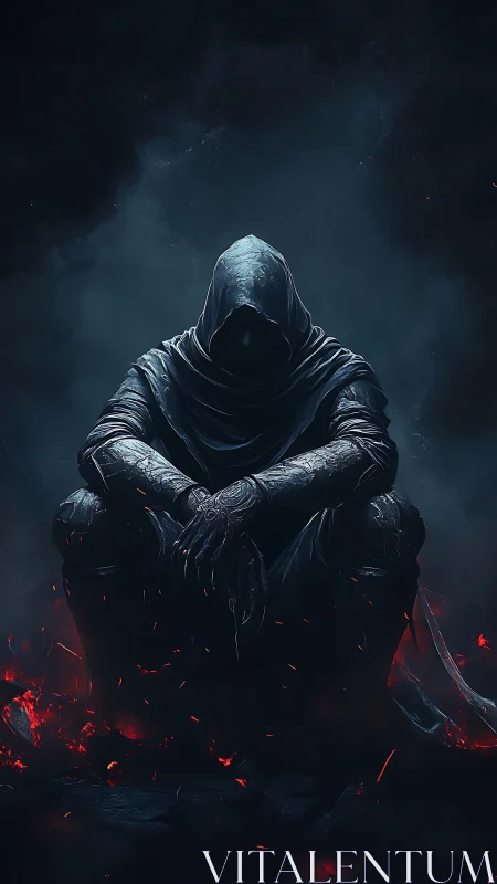 Hooded void sentinel seated amid ember-scarred darkness.