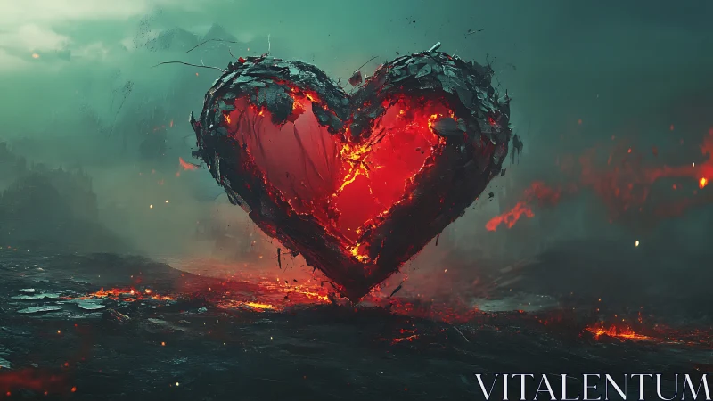 Molten Heart Emerging From Scorched Earth Against Emerald Skies.