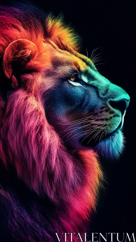Neon gradient lion profile in dramatic chromatic lighting.