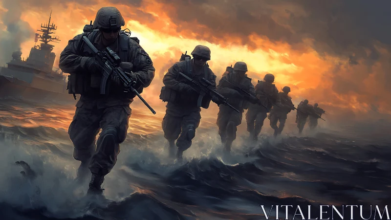 Storm-forged marines surge through firelit ocean waves.