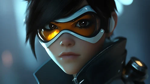 Stylized sci fi character portrait with orange visor goggles.