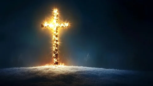 Radiant golden cross glows over a quiet snowy hillside.