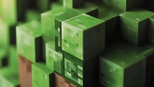 Green voxel cubic cluster in shallow depth of field.