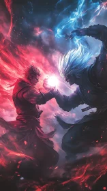 Blazing warriors clash as fire and ice powers collide in sky