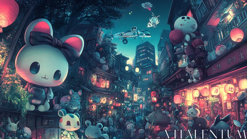 Cozy kawaii night market glowing with lantern light and charm.