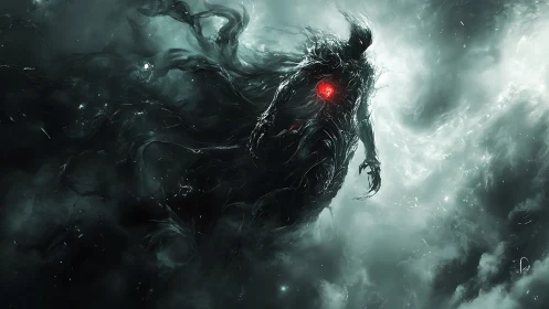 Cosmic shadow wraith drifts through stormlit nebulae.