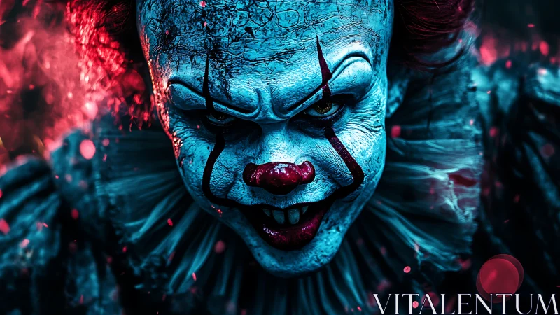 Clown face rendered in high contrast blue and red lighting