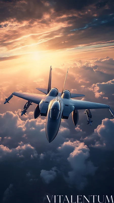 Jet thunderbird streaks toward a molten cloud‑lit horizon